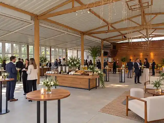 Simulação ilustrativa de coffee break para empresas no salão do Espaço Margô em Guarulhos