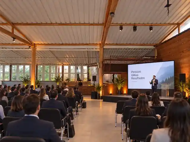 Simulação ilustrativa de auditório e plenária para evento empresarial em Guarulhos